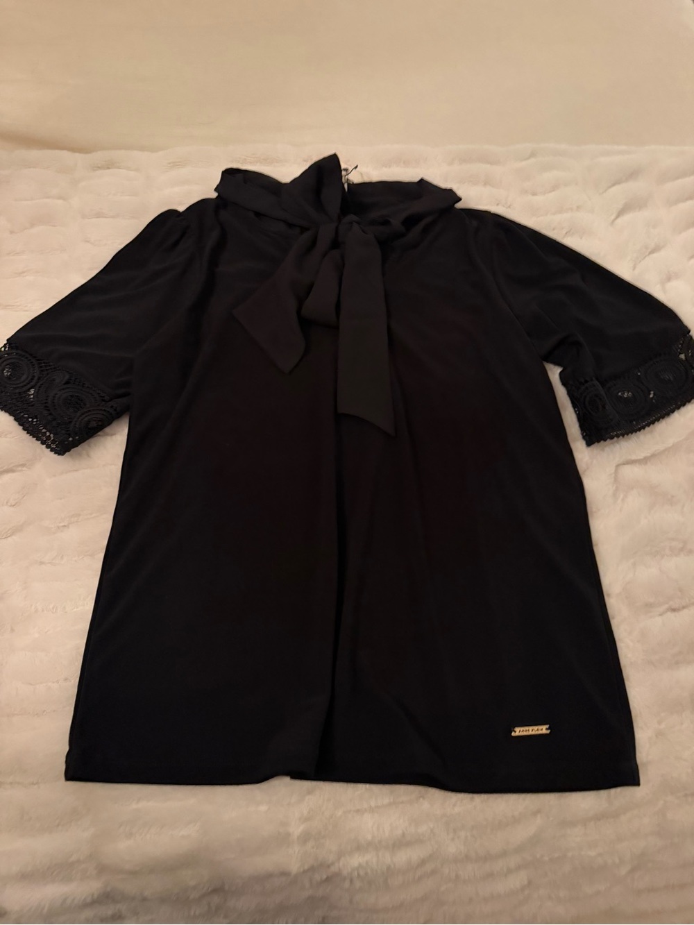 Anne Klein Black Tie-Neck Blouse with Lace Sleeve Accents